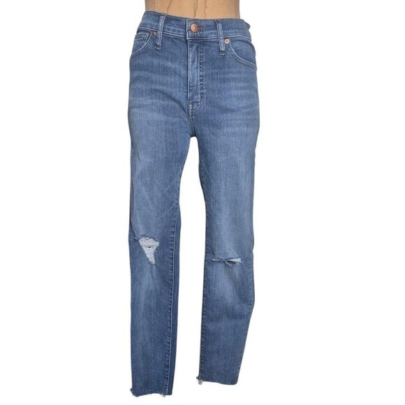 Madewell 9" Mid-Rise Skinny Blue Jeans Distressed Knees Raw Hem Size 26 - Picture 1 of 6